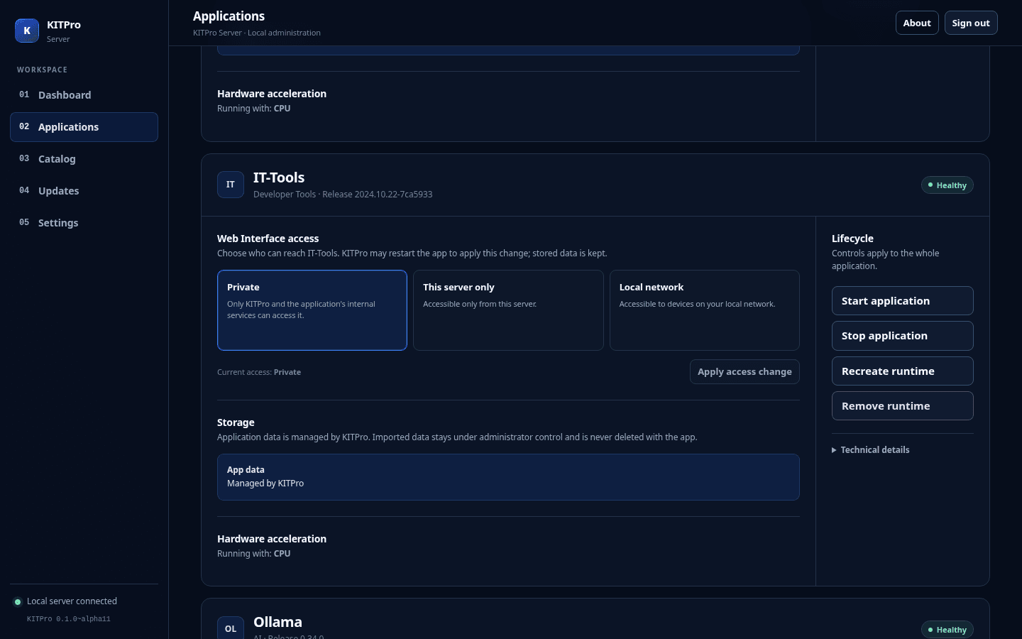 KITPro Server access settings with private, server-only, and local network choices