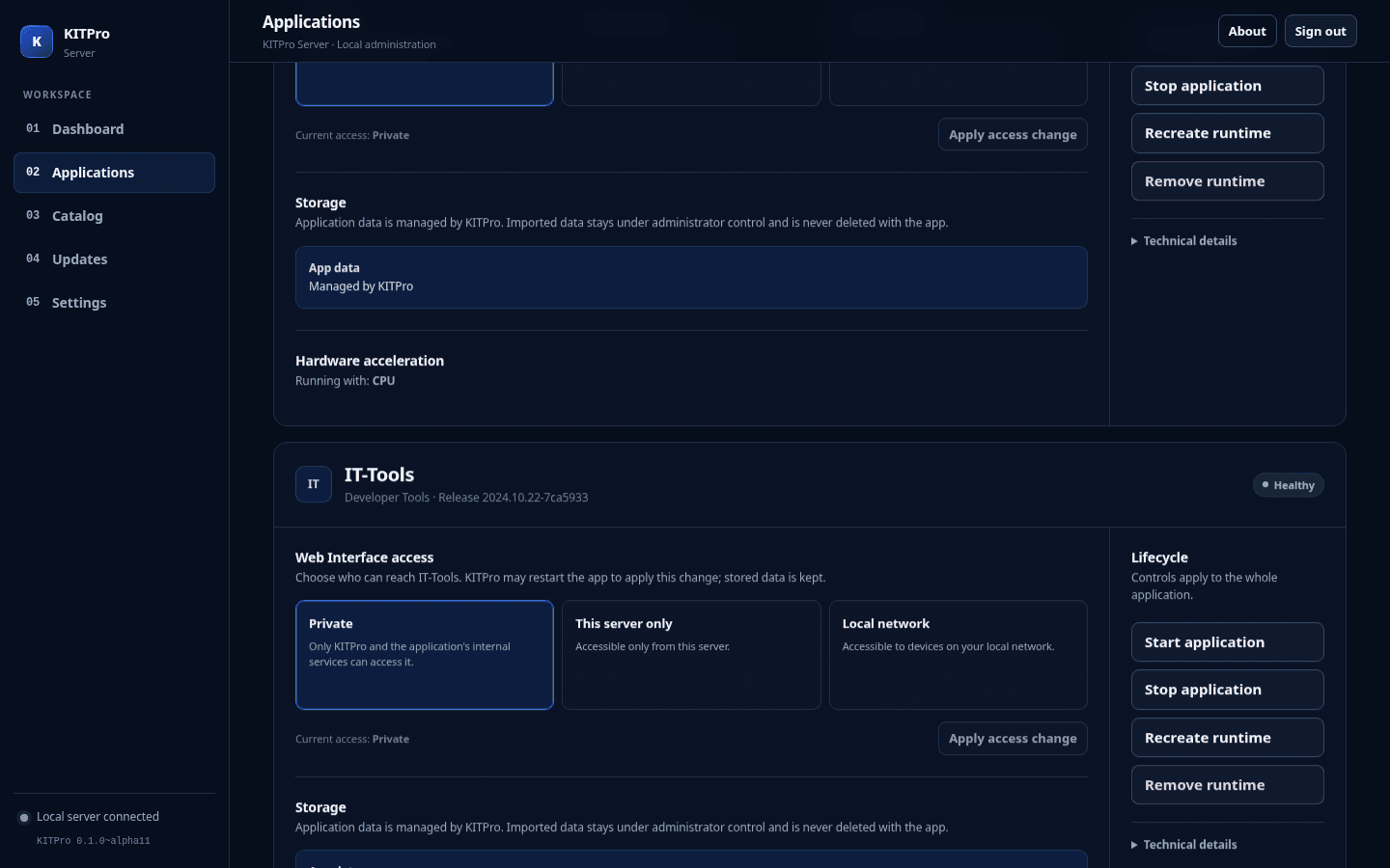 KITPro Server application page showing status, access, storage, and lifecycle controls