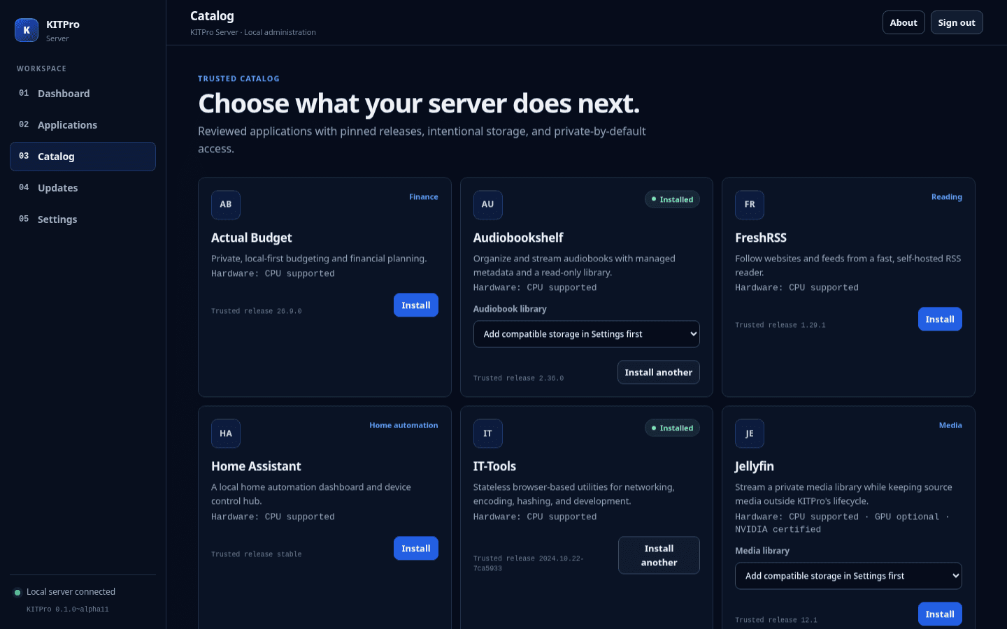 KITPro Server catalog with 15 reviewed self-hosted applications