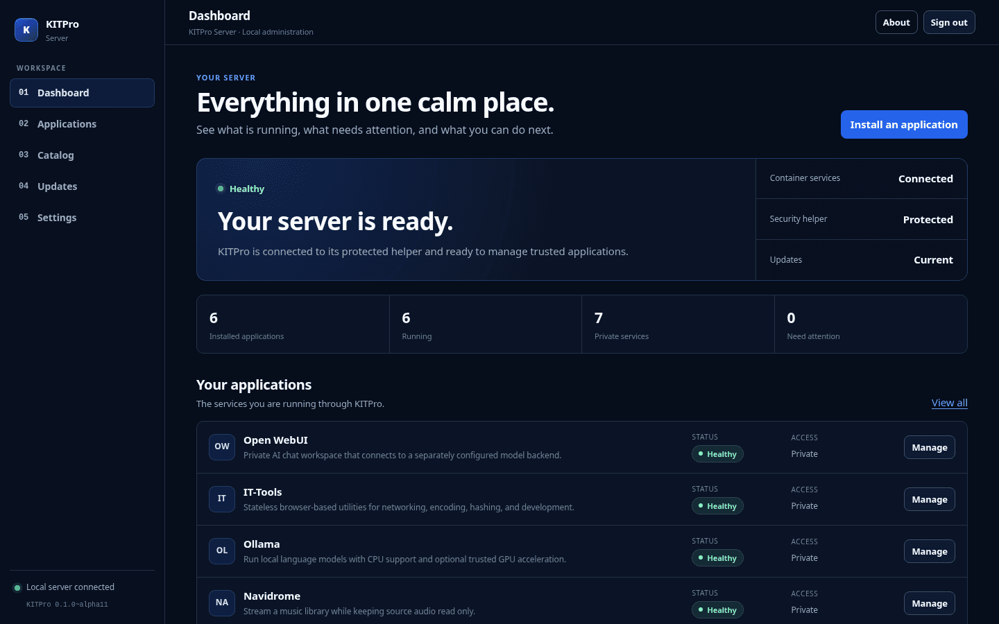 KITPro Server dashboard showing server health and installed applications