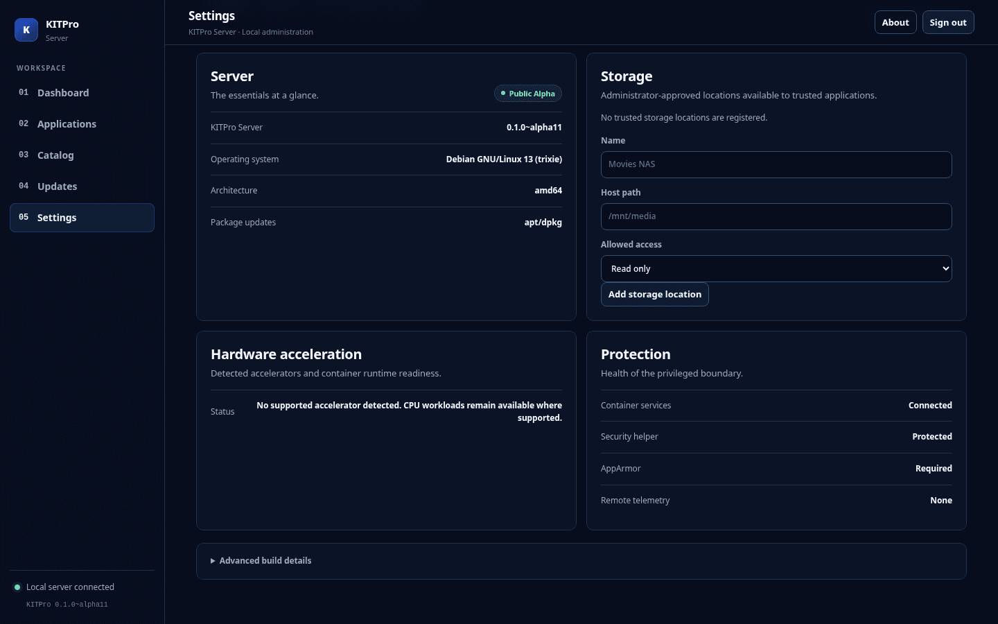 KITPro Server hardware settings showing no detected accelerator and CPU availability