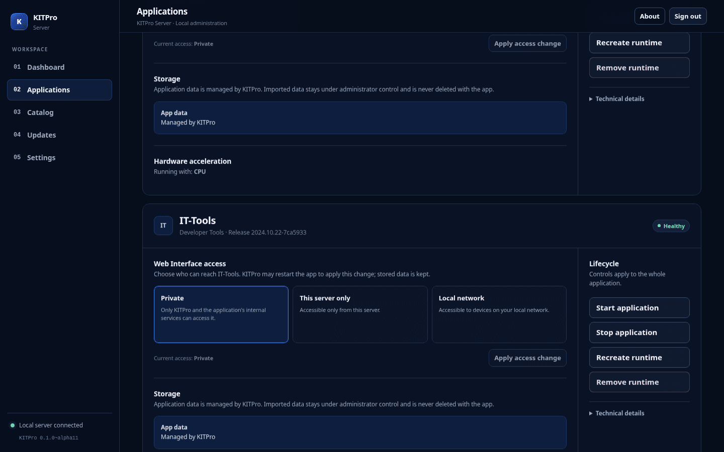 KITPro Server catalog showing Jellyfin and Navidrome trusted-storage choices
