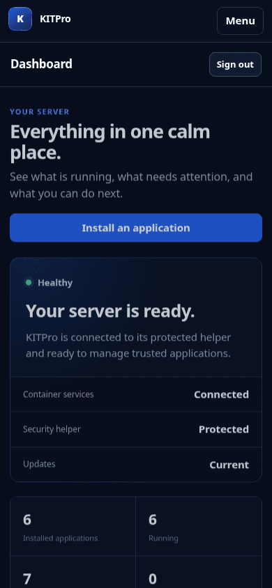 KITPro Server dashboard displayed on a mobile screen