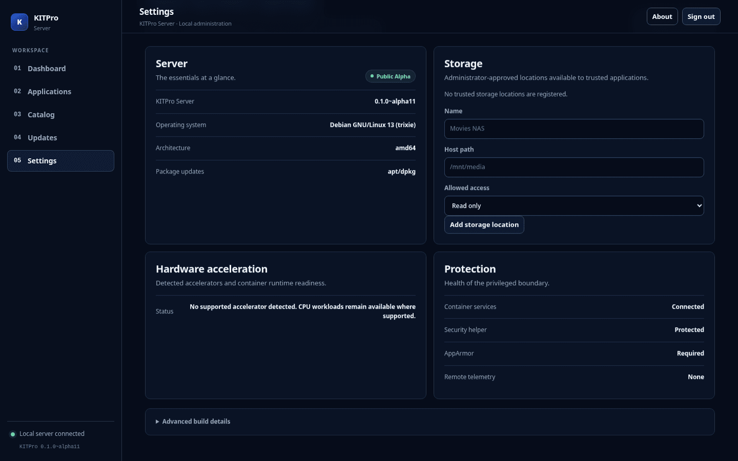 KITPro Server trusted storage settings with read-only and read-write access