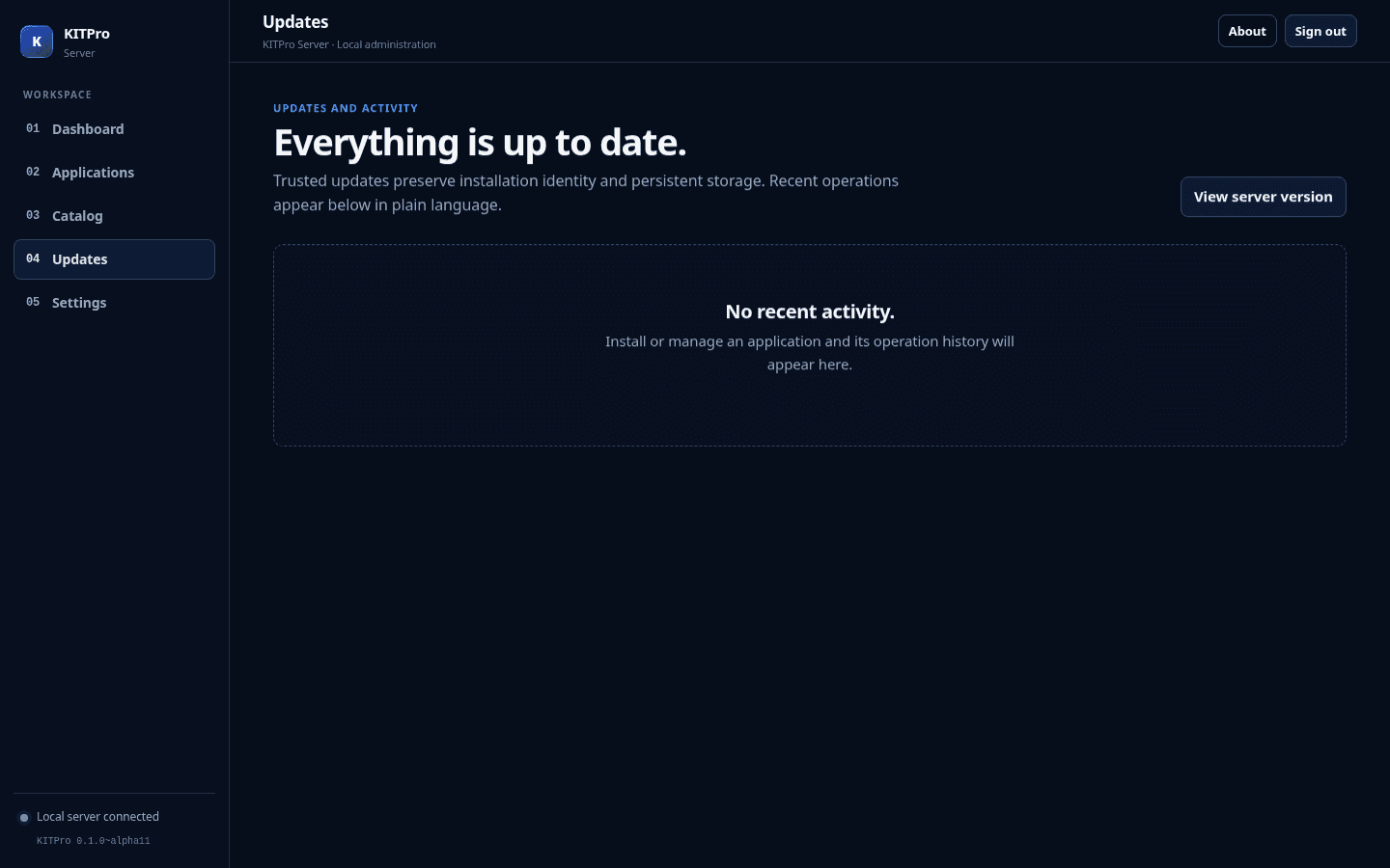 KITPro Server update and activity interface