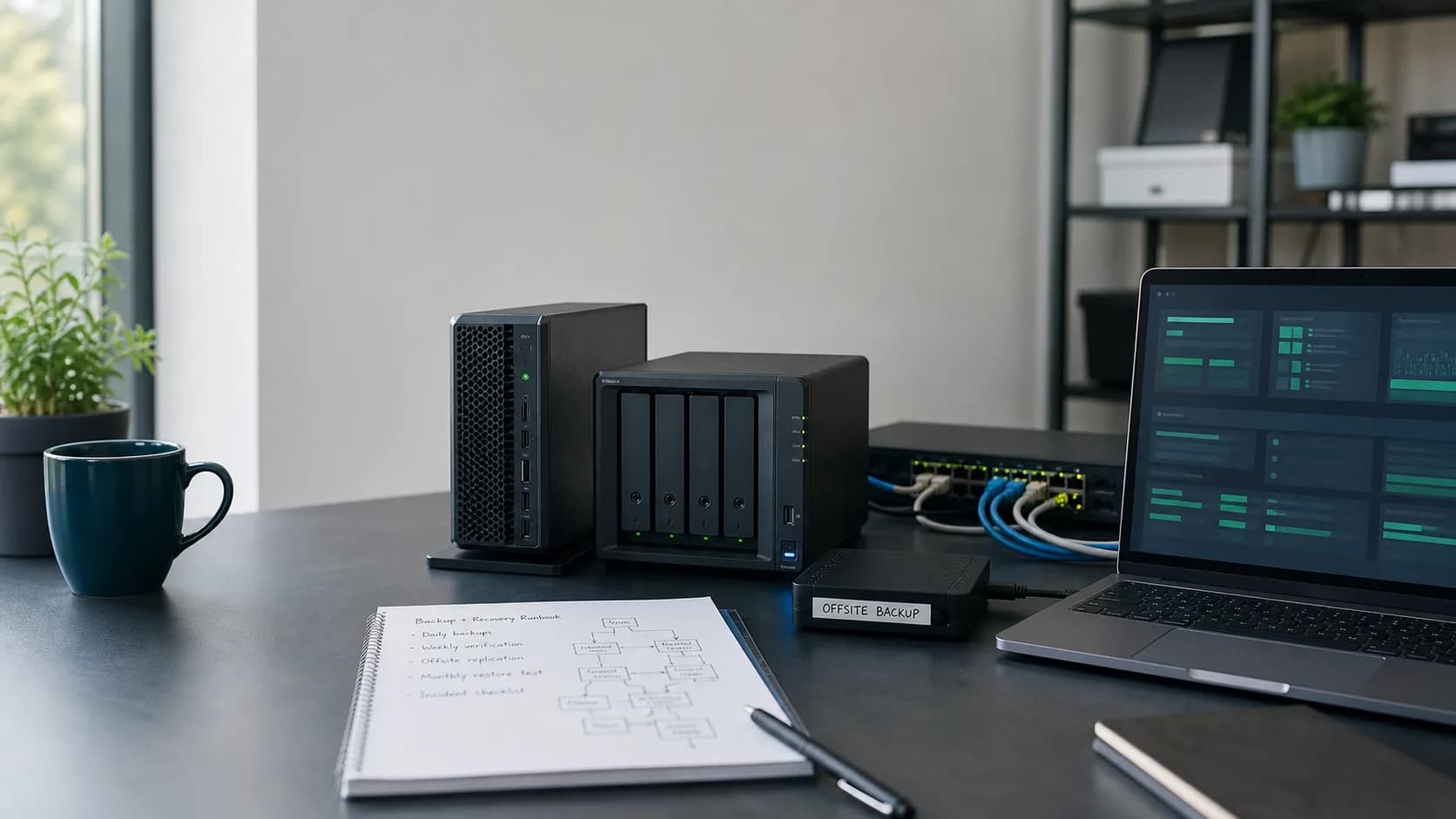 Backup readiness workbench with server hardware, backup drive, network gear, and recovery runbook notes